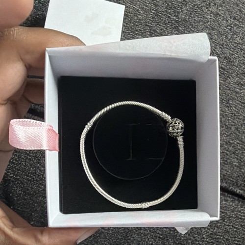 PANDORA Sterling Silver Snake Chain Charm Bracelet, Signed, 19 CM