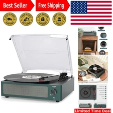 All-in-One Dark Blue Vinyl Record Player with Built-in Bluetooth and 2 Speakers