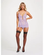 Lace & Mesh Triangle Cup Chemise w/Garters & Thong Lavender