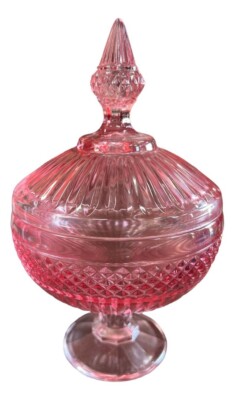 Vintage Val Saint Lambert Style Pink Point Candy Dish with Lid Composite Glass