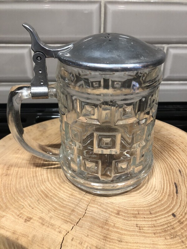 VTG Bohemian Mug Cut Clear Glass Beer Mug with Lid