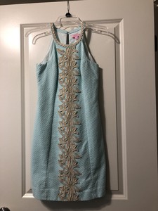 lilly pulitzer blue and gold dress