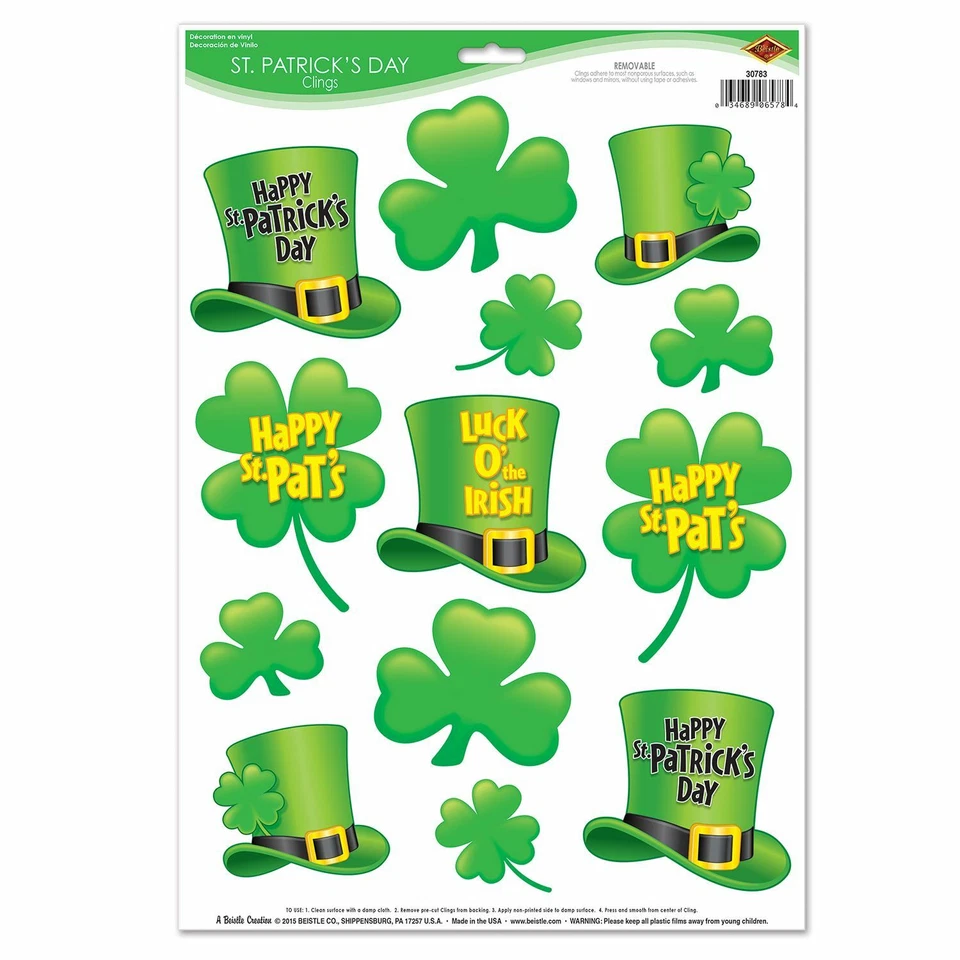 ST PATRICK'S CLING PEEL & PLACE PARTY DECORATION WINDOW MIRROR SHAMROCK TOP HAT — 第 3/3 张图片