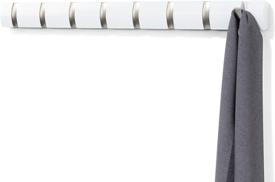 Umbra Flip 8-Hook Modern Space-Saving Wall Mounted Floating Rack, White/Nickel
