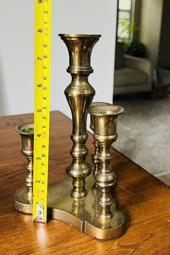 Vintage Heavy Shiny Brass 4 Piece Adjustable Candle Triangle Candelabra 8” H - Picture 9 of 9