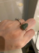 FLEXIBLE NEW*RARE*GORGEOUS DRAGON HETIAN GREEN JADE稀有天然和田玉碧玉雕刻龙银镀金 GOLDS925 RING