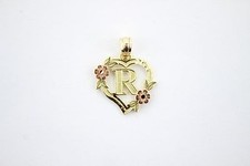 Auténtico Dije Colgante Letra Inicial Alfabeto Flor Corazón Oro Amarillo 14k