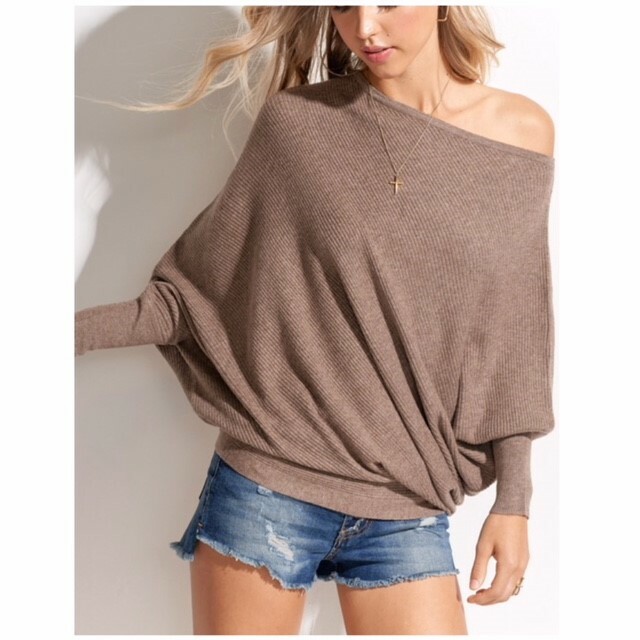 Mocha Slouchy Off The Shoulder Knit Oversized Sweater Casual Top Womens