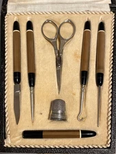 Antique c. 1920 Bakelite Sewing Set Needle Case Tools Scissors Sterling Thimble