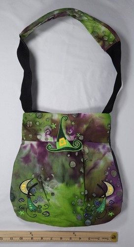 Handmade Women's Halloween Embroidered Denim Green Purple Shoulder Tote Bag - Picture 4 of 7