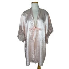 Vintage Lady Cameo Satin Short Robe Kimono Lace Pink Womens Small