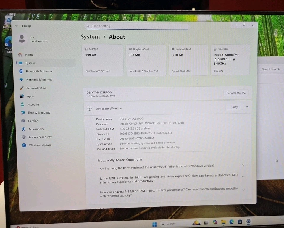 HP EliteDesk 800 G4 TWR 英特尔® i5-8500 芯片组 3.0GHz 8GB 500GB WIN 11Pro 图形 Wx4100 — 第 3/4 张图片