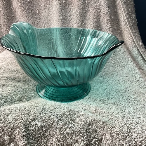 Jeanette Ultramarine Swirl Pattern Depression Glass Footed Bowl Teal Green Aqua