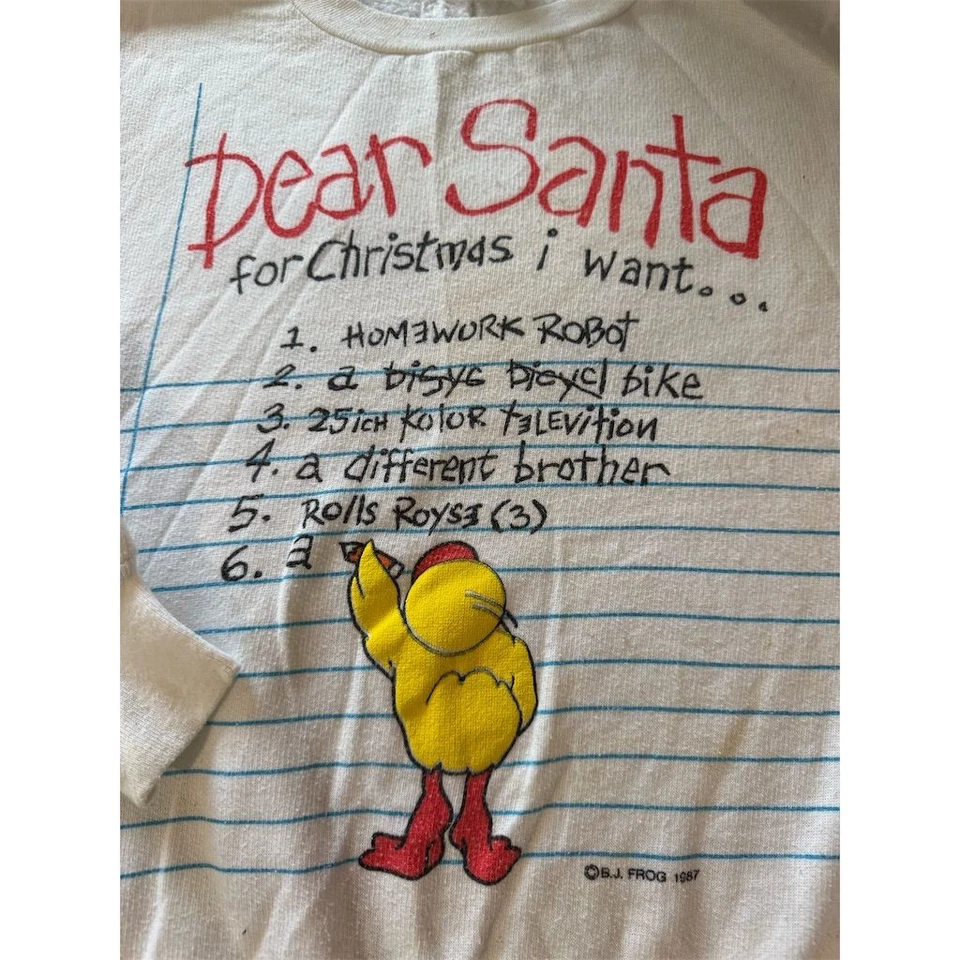 Vintage 1987 B.J. Sudadera de Navidad Frog "Querido Santa" Blanca Años 80 Foto 2 de 4