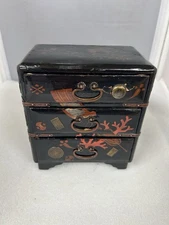 Antique Black Lacquer Miniature Tansu Chest Trinket Box W/Coins