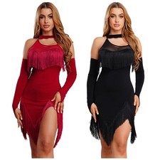 Womens Outfits Quadrant Dress Latin Dancewear Show Fringe Asymmetrical Costume