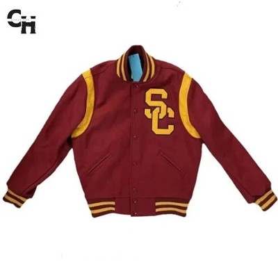 Letterman Men USC Trojans Student Burgundy Wool Full-Snap Varsity Bomber Jacket
