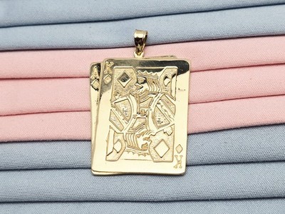 Einzigartiger 14K massiver Gelbgold Spielkarten Ace & König der Diamanten Charm Anhänger