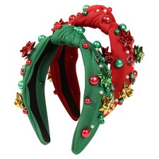 Christmas Headband Pearl Rhinestone Crystal Flower Wide Top Knot Green Red