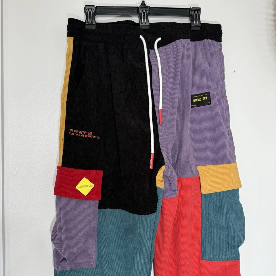 Aelfric Eden Pants Mens L Color Block Patchwork Corduroy 90s Hip Hop Cargo Baggy - Image 2 of 4