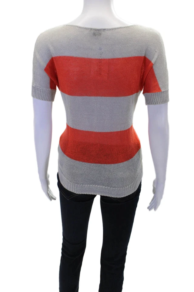 Theory Womens Linen Short Sleeve Round Neck Knitted Striped Sweater Gray Size S - Image 3 of 4