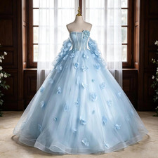 Light Blue Strapless 3D Floral Tulle Ball Gown Off Shoulder Prom Evening Dress