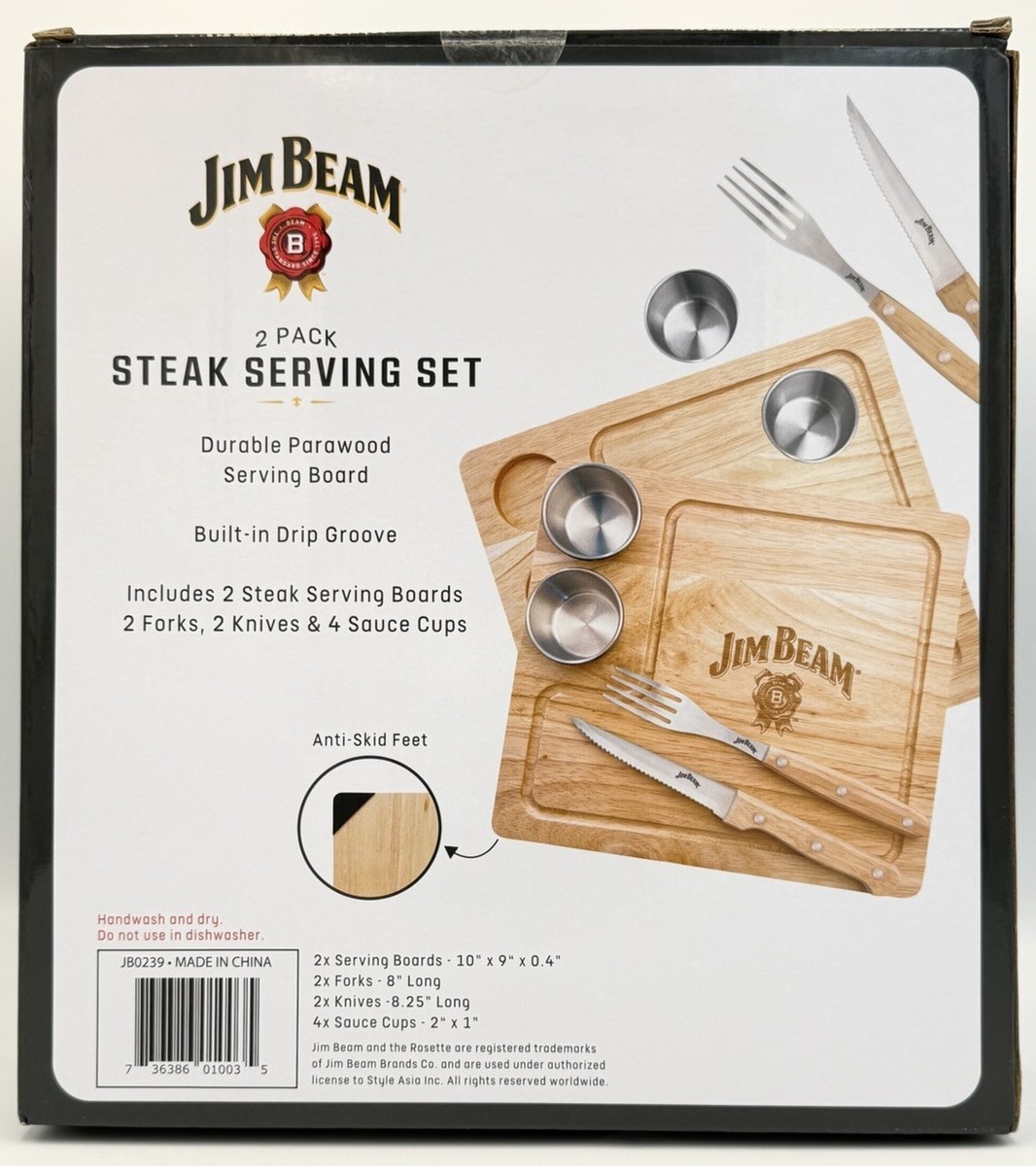 Jim Beam 2 Pack Steak Serving Set Wood Boards, Knives, Forks