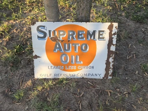 Vintage Double Sided Porcelain Gulf Supreme Auto Oil Gas Company Flange Sign