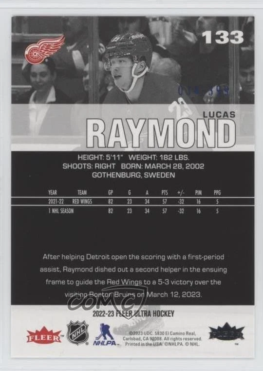 2022-23 Upper Deck Fleer Ultra Blue Foil /399 Lucas Raymond #133 - Image 2 of 2