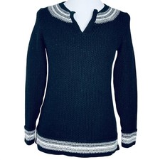 LOFT Petites Black White Striped Split Neck Waffle Knit Sweater SP Cotton Blend