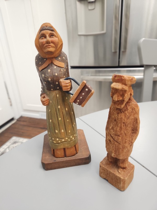 Vintage Carved Wooden Figures - Old Woman Basket on Back & Rough Sea Captain