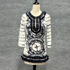 Tory Burch Blouse Womens 2 Blue Tie Dye Sequin Fringe Boho Tunic Top Geometric