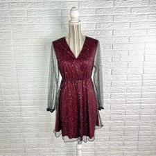 Shein Burgundy Fit and Flare Dress Silver Sequined Sheer Black Overlay Medium