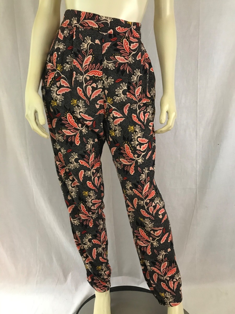 H&M Pants 10 Tan Floral Viscose Trousers Pull On Partial Elastic