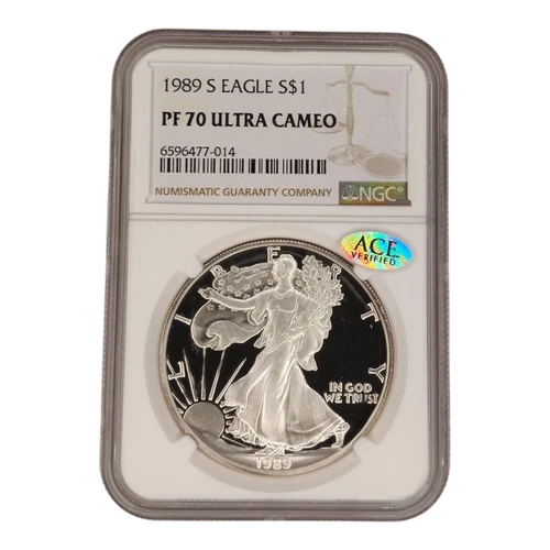 1989 S PROOF SILVER EAGLE NGC PF70 ULTRA CAMEO CLASSIC BROWN LABEL 8B