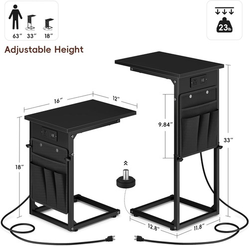 C Shaped End Table with Charging Station,Adjustable Height Side Table for Sofa.. - Picture 2 of 9