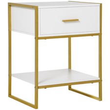 Image of Modern Bedside Table Side Table Nightstand w/ Drawer Shelf White Gold