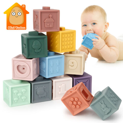 Baby Rubber Stacking Block Sorters Silicone Building Blocks for 6 12 18 Months - Picture 1 of 11