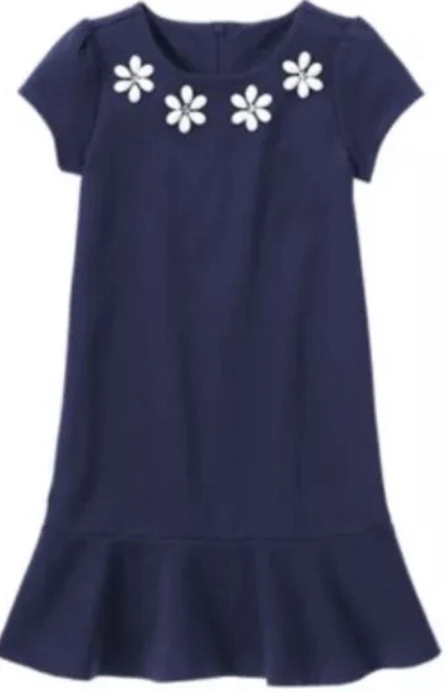 NWT Girls 5 Gymboree “MARINA PARTY” Cotton Navy-Blue Daisy Gem Ruffle Hem DRESS!