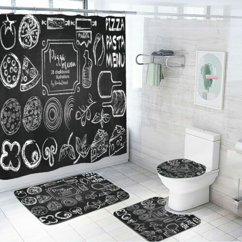 Ensemble de rideaux de douche antidérapants menu pizza croquis art tapis de salle de bain couvercle de toilette - Photo 1 sur 12