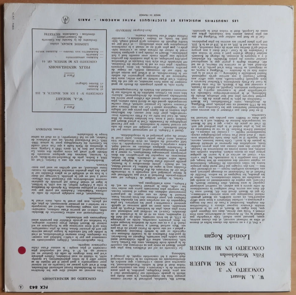 Leonid Kogan Mozart Mendelssohn Concertos Silvestri Columbia FCX 843 French ED1 Foto 2 de 2