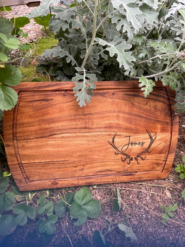 Large Acacia Meat Board 20" x 12" x 1" Elk Antler Personalized - Image 4 of 4