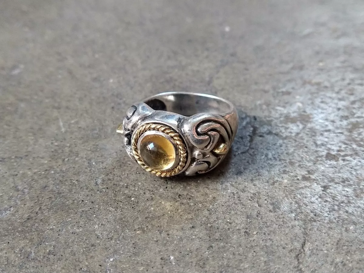 Vintage Sterling Silver Ring Size 9.25 Yellow Glass Round .925 Italy 10.6g