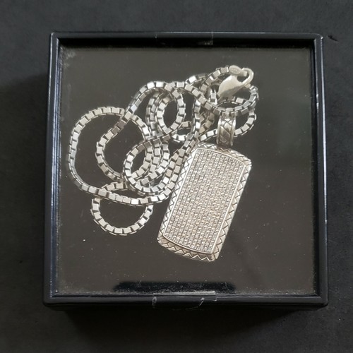 T & C Town Country Mens White Gold plated Diamond Dog Tag Pendant 18" box chain - Picture 7 of 7