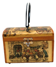 Vintage Anton Pieck Decoupage Wood Box Purse With Lucite Handle 1966