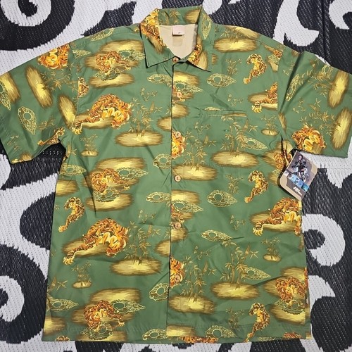 Vtg No Fear 'Cats Eye' Hawaiian Shirt Green Yellow Orange Large Lion New