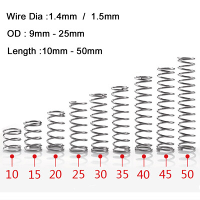 10Pcs Wire Dia 1.4/1.5mm 304 Stainless Steel Spring OD 9-25mm ...