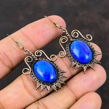 Easter Deal Copper Throat Chakra Lapis Lazuli Stone Drop Wire Wrapped Earrings