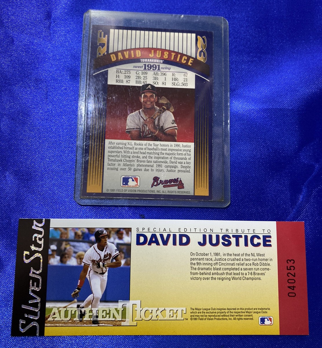 1991 SilverStar DAVID JUSTICE Braves 3-D Hologram Card