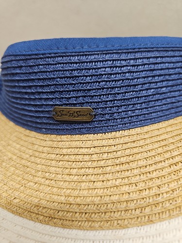 SAND N SUN Straw Hat Adjustable Visor Blue Tan Ivory Beach Golf - Picture 6 of 8